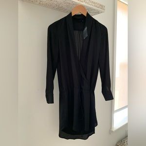 Olivaceous deep V mini shirt dress with adjustable tie.